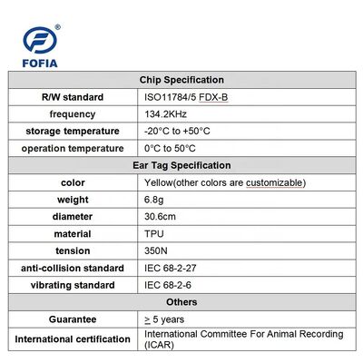 ISO11784/5 に準拠した防水RFID耳タグと家畜追跡のための5年間の保証