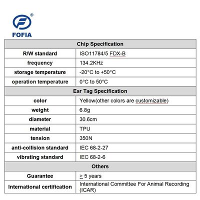 FOFIA ICAR LF耐久性防水RFID TPUイエロー牛豚羊用イヤータグ ET908+T905 EM4305チップ 5年保証 14.5mm