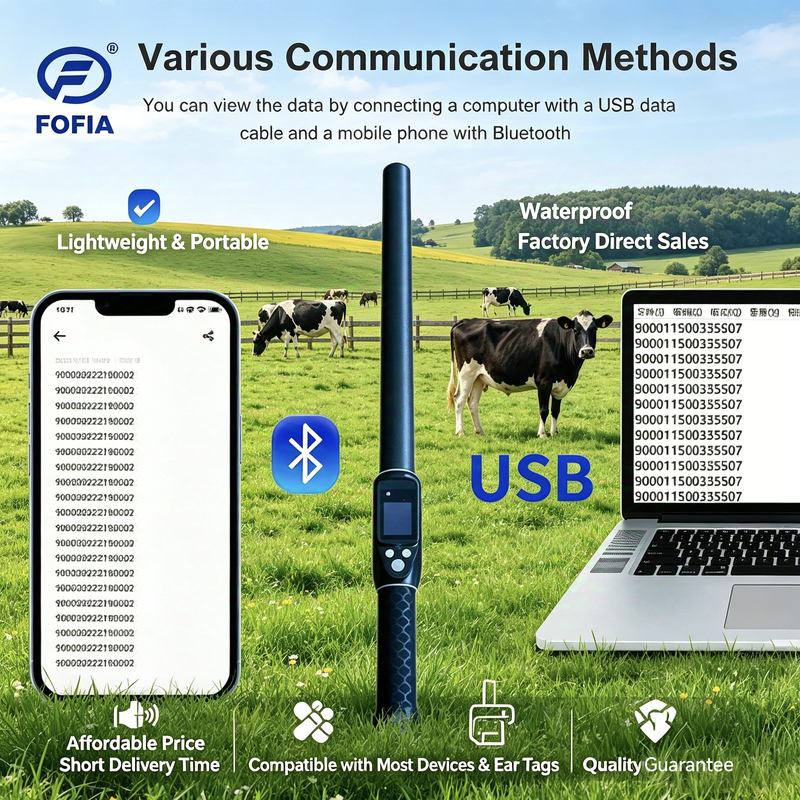 ISO11784 85 FDX B HDX および ID64 タグをサポートするコンパクト RFID スティック リーダー、Bluetooth 5 および防水ハウジング付き