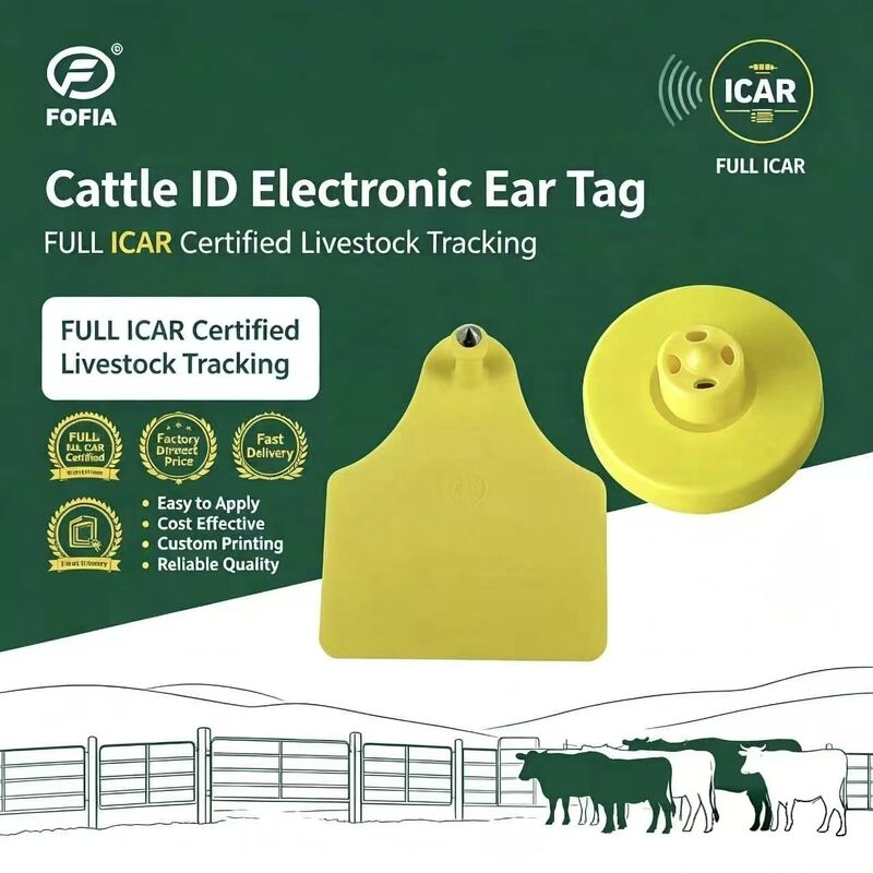 FOFIA フル ICAR LF 耐久性のある防水 RFID TPU 黄色動物耳タグ ET908 + T905 EM4305 チップ 5 年保証牛 14.5 ミリメートル
